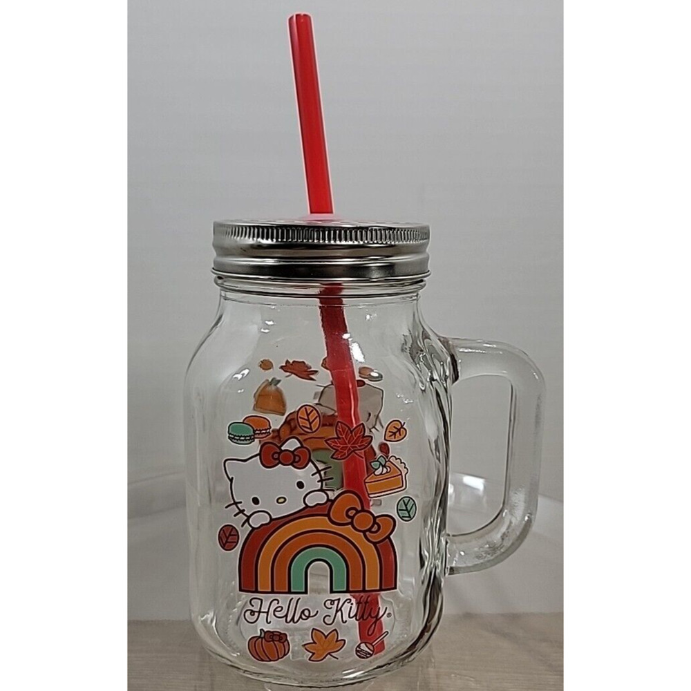 Hello Kitty Fall Mason Jar with Lid & Straw Glass 21 oz NEW‎